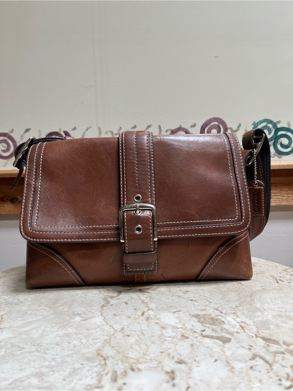 Coach Hamptons Buckle Flap Leather Strap Bag